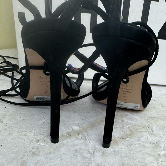 Schutz NEW Vikki Leather Strappy Crystals Ankle Ties Straps Heels Sandal Black 9 - Picture 14 of 16